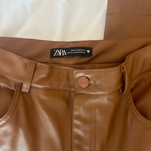 Zara Brown Leather Pants High Rise - Picture 2 of 3